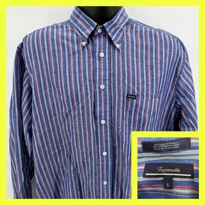 Faconnable Shirt Mens Large L Blue Red Striped‎ Button Down Linen Cotton Blend